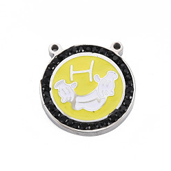 Jet 304 Stainless Steel Pendants, with Rhinestone and Enamel, Flat Round with Hand, Jet, 20x19.5x3mm, Hole: 1.4mm