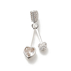 Серебро Латунные микро проложить кубического циркония подвески, без кадмия, без никеля и без свинца, сердце прелести, серебряные, 23.5x9x2.5 мм, отверстие : 3x1.5 мм