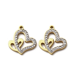 Золотой 304 подвески из нержавеющей стали и глиняных страз, сердце, ионное покрытие (ip), золотые, 18x16x2.5 мм, отверстие : 1.6 мм