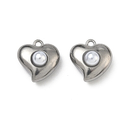 Нержавеющая Сталь Цвет 304 подвески из нержавеющей стали, шарма сердца, с абс пластмассовыми жемчужными бисером, цвет нержавеющей стали, 12.5x12x7 мм, отверстие : 1.4 мм