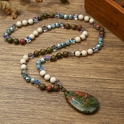 Унакит Натуральный унакит плоская каплевидная подвеска круглые камни и кубические стеклянные бусины длинные ожерелья для женщин, 29.92 дюйм (76 см)