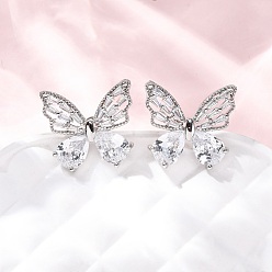 Платина Серьги-гвоздики из латунного микро-паве, бабочка, без кадмия и без свинца, стойки покрытие, долговечный, платина, 17x18.5 мм