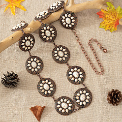 (404) Непрозрачное AB Кислое яблоко Богемская латунь паве синтетическая бирюза плоская круглая с цветочным звеном сплав цепи ремни для женщин, западный пояс кончо, Красная медь, цветочный белый, 1150 мм