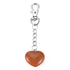 Red Aventurine Natural Red Aventurine Keychain, with Brass Lobster Claw Clasps and Iron Chains, Heart, Platinum, 80~86mm