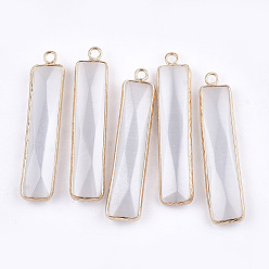 WhiteSmoke Cat Eye Pendants, with Brass Findings, Faceted, Rectangle, Golden, WhiteSmoke, 45~46x9~11x4~5mm, Hole: 2mm