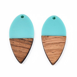 Turquoise Opaque Resin & Walnut Wood Pendants, Teardrop Shape Charm, Turquoise, 38x18x3mm, Hole: 2mm