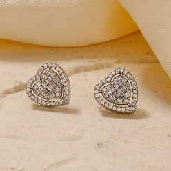 Серебро Элегантные серьги-гвоздики в форме сердца из латуни с прозрачным кубическим цирконием, серебряные, 13x12 мм
