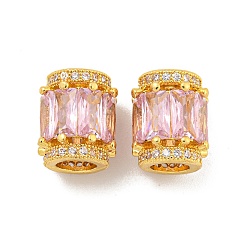 Pink Латунные кубические европейские бусины микропаве, реальный 18 k позолоченный, бусины с большим отверстием, колонка, розовые, 11.5x9.5 мм, отверстие : 5 мм
