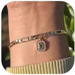 Letter O 304 браслеты с подвесками из нержавеющей стали и кристаллами горного хрусталя, браслеты-цепочки Фигаро для женщин, прямоугольник с буквой, золотые, Письмо O, 6-3/4 дюйм (17 см)