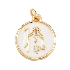 Белый Латунь эмаль подвески, с целью перехода в кольце, плоский круглый с религиозными амулетами, без свинца и без кадмия, долговечный, реальный 18 k позолоченный, стойки покрытие, белые, 16.5x14x1.5 мм, отверстие : 2.5 мм
