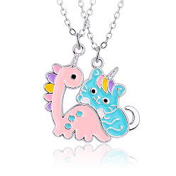 Platinum Alloy with Enamel Pendant Necklaces, Cable Chain Necklaces, Cat & Dinosaur, Platinum, 18.50 inch(47cm), 2pcs/set
