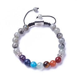 Лабрадорита Чакра ювелирные изделия, браслеты из бисера натурального и синтетического смешанного камня, с натуральным лабрадорита, Результаты сплава и нейлоновый шнур, прямоугольник с деревом, 52~76 мм