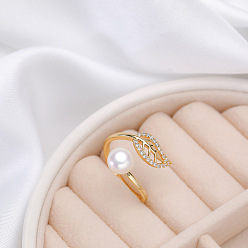 Лист Кольца-манжеты из натурального пресноводного жемчуга с прозрачным кубическим цирконием, золотые, лист, внутренний диаметр: 15~19 мм