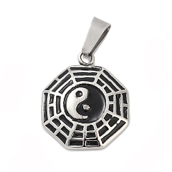 Античное Серебро 316 хирургические эмалевые подвески из нержавеющей стали, китайский буддизм багуа с инь-янским шармом, античное серебро, 29x24x5 мм, отверстие : 4x10 мм