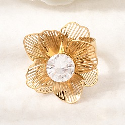 Золотой 201 Регулируемые кольца-манжеты из нержавеющей стали с одинарным кубическим цирконием для женщин, цветок, золотые, 23x23 мм, внутренний диаметр: 18 мм