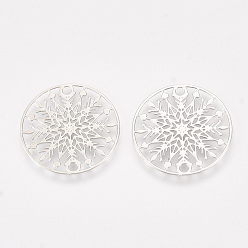 Платина Соединители латунные звенья, гравированные металлические украшения, без кадмия, без никеля и без свинца, плоские круглые со снежинкой, платина, 20x0.3 мм, отверстие : 1.3 мм