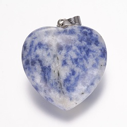 (306FM) Жонкиль матовый с лаймовой подкладкой Кулон из натурального синего пятна с яшмой, сердце, платина, 32.5~34x30x12 мм, отверстие : 5x8 мм