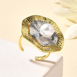 Платиновый & Золотой Латунные кольца-манжеты для женщин, лист, с ABS имитации жемчуга, стойки покрытие, долговечный, без свинца и без кадмия, платиной и золотом, 30x30 мм, внутренний диаметр: 18.5 мм