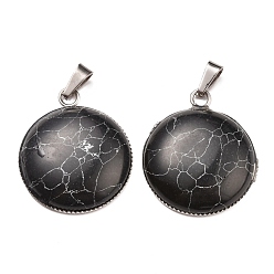 Black Synthetic Turquoise Pendants, with 304 Stainless Steel Settings, Half Round/Dome, Stainless Steel Color, Black, 31x26x7mm, Hole: 8x3mm