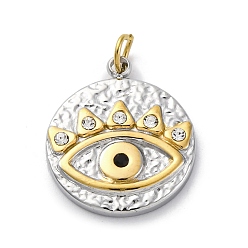 Позолоченный и Цвет Нержавейки 304 из нержавеющей стали Кристалл Rhinestone подвески, с целью перехода в кольце, плоский круглый с оберегом от сглаза, ионное покрытие (ip), настоящее золото и нержавеющая сталь, 16.5x14.5x2.5 мм