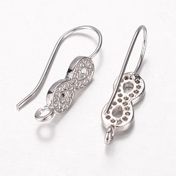 Platinum Brass Cubic Zirconia Earring Hooks, with Horizontal Loop, Infinity, Platinum, 24x6x1.5mm, Hole: 2mm, 21 Gauge, Pin: 0.7mm