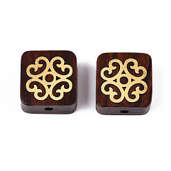 Квадрат Натуральные сандаловые бусины и латунные бусины, неокрашенными, квадратный, 14.1x13.7~14x6~7 мм, отверстие : 1.8 мм