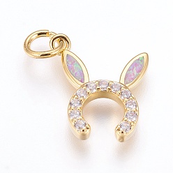 Бледно-Розовый Латунные подвески с фианитами, с синтетическим опалом, кроличьи уши, золотые, розовый жемчуг, 17x15x3 мм, отверстие : 4 мм