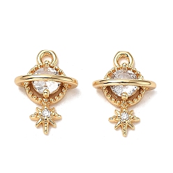 Настоящее золото 18K Латунные микропаве прозрачные кубические циркониевые подвески, без кадмия, без никеля и без свинца, планета со звездой, реальный 18 k позолоченный, 13x9x5 мм, отверстие : 1.2 мм