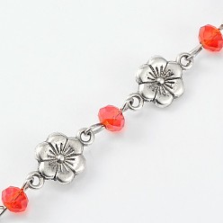 Красный Стеклянные бусины в виде цепочек ручной работы для изготовления браслетов на шею, с цветочными связями из тибетского сплава и железным штифтом для глаз, несварные, красные, 39.3 дюйм