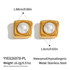 Square 304 Stainless Steel with Pearl Stud Earrings for Women, Golden, Square, 16.8x16mm