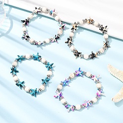 (52) Непрозрачная лаванда 4шт. наборы эластичных браслетов из бусин из синтетической бирюзы и бусин из сплава и латуни, морская звезда и круглый, разноцветные, внутренний диаметр: 2-1/4 дюйм (5.6 см)