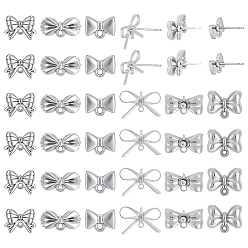 Bowknot 36Pcs 6 Styles Silver Alloy Stud Earring Findings, with Horizontal Loops & 925 Sterling Silver Pins, Bowknot, 7~11x10~17.5mm, Pin: 10~11x0.6~0.7mm, 6pcs/style