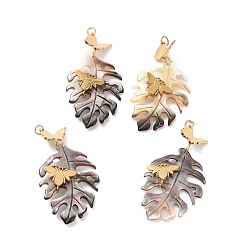 Golden Natural Black Lip Shell Pendants, Butterfly & Bees with Leaf Charm, with Ion Plating(IP) 304 Stainless Steel Findings, Golden, 42mm, Leaf: 34x23.5x3.5mm, Butterfly: 9x10.5x2.5mm, Hole: 2.4mm