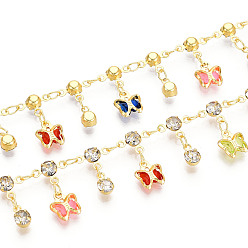 Разноцветный Латунные стеклянные цепочки-подвески в виде бабочек, пайки, с катушкой, золотые, красочный, 9x6.5~7x3 мм, около 32.81 футов (10 м) / рулон