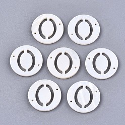 Letter O Natural Freshwater Shell Links Connectors, Flat Round with Letter, Letter.O, 14.5x1.5mm, Hole: 0.9mm