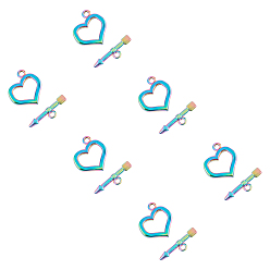 Rainbow Color PVD Vacuum Plating 304 Stainless Steel Toggle Clasps, Heart, Rainbow Color, Heart: 20x18x3mm, Hole: 2mm, 6pcs, Bar: 23.5x6.5x2.5mm, Hole: 1.8mm, 6pcs
