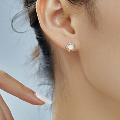 Белый Латунные серьги-гвоздики с прозрачным кубическим цирконием в форме пятиугольника, золотые, белые, 8x9 мм