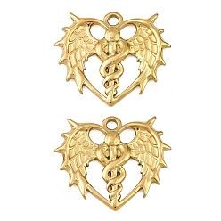 Chapado en Oro Real 18K 304 colgantes de acero inoxidable, corazón con los encantos del ala, revestimiento de iones (ip), real 18 k chapado en oro, 21x25x2.5 mm, agujero: 2.3 mm