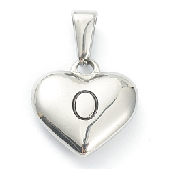 Letter O 304 Stainless Steel Pendants, Heart with Black Letter, Stainless Steel Color, Letter.O, 16x16x4.5mm, Hole: 7x3mm