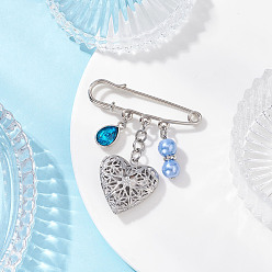 Сердце Контакты железа безопасности, 304 подвески-медальоны-диффузоры из нержавеющей стали, броши, сердце, со стеклянными жемчужными бусинами и стеклом, платина, сердце, 57x50 мм