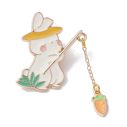 White Rabbit with Carrot Dangle Enamel Pins, Light Gold Tone Alloy Brooch for Backpack Clothes, White, 47x32x1.7mm