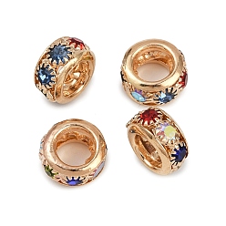 Light Gold Латунные бусины со стразами , рондель, красочный, золотой свет, 9.5x5 мм, отверстие : 4.5 мм
