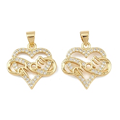 Настоящее золото 18K Латунные подвески с кубическим цирконием ко Дню матери, сердце прелести, без свинца и без кадмия, долговечный, стойки покрытие, реальный 18 k позолоченный, 20x19x2.5 мм, отверстие : 3.5x4.5 мм