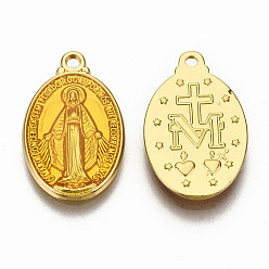 Gold Brass Enamel Pendants, Long-Lasting Plated, Oval with Saint, Golden, Gold, 19.5x12x2mm, Hole: 1.5mm