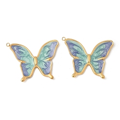 Средний Аквамарин 304 нержавеющей стальной эмали подвески, очарование бабочки, реальный 18 k позолоченный, ионное покрытие (ip), средний аквамарин, 33x24x3 мм, отверстие : 1.5 мм