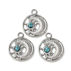 Нержавеющая Сталь Цвет Подвески из синтетической бирюзы в виде солнца и луны, с 304 установками из нержавеющей стали, цвет нержавеющей стали, 25x20.5x3.5 мм, отверстие : 3.5 мм
