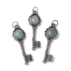 Зеленый Авантюрин Ключ латунный натуральный зеленый авантюрин большие подвески, с целью перехода в кольце, античное серебро, 55.5x16.5x5~6.5 мм, отверстие : 4.5 мм