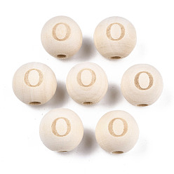 Letter O Unfinished Natural Wood European Beads, Large Hole Beads, Laser Engraved Pattern, Round with Word, Letter.O, 15~16x14~15mm, Hole: 4mm