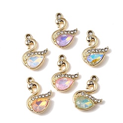 Oro Colgantes de vidrio de aleación de chapado uv, encanto de cisne, con diamante de imitación, facetados, color mezclado, dorado, 23x16x4.5 mm, agujero: 1.8 mm