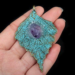 Pourpre Pendentifs en pierre améthyste naturel, à la feuille d'alliage, pourpre, 66x45x6mm